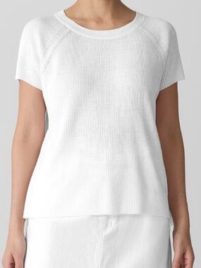 Eileen Fisher Organic Linen Cotton Jewel Neck Short Sleeves Top White Large